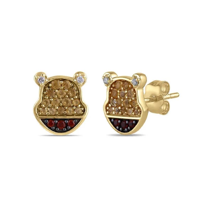 Women’s teardrop diamond earrings-Disney Jewels Citrine, Garnet and Diamond Winnie The Pooh Earrings in Sterling Silver