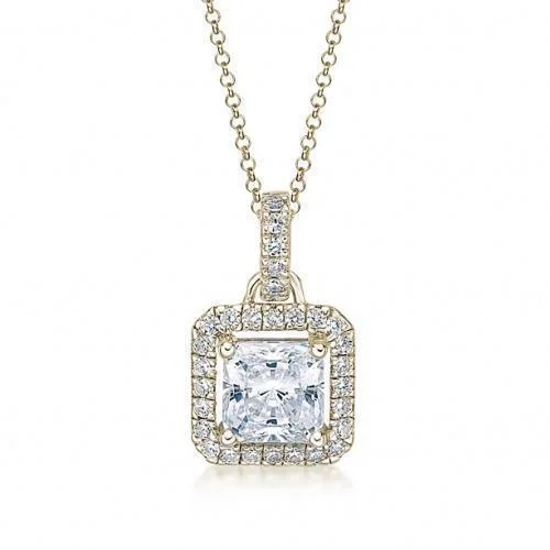 Women’s elegant silver necklace-Halo pendant with 1.43 carats* of diamond simulants in 10 carat yellow gold