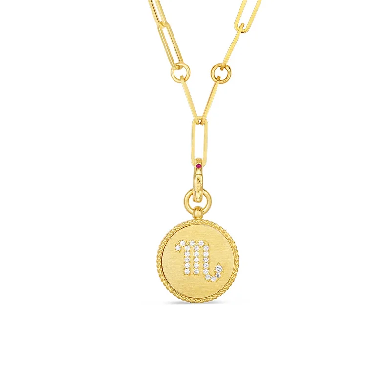 Women’s diamond tennis necklace-18K Diamond Scorpio Zodiac Medallion Pendant with Coin Edge on Paper Clip Chain