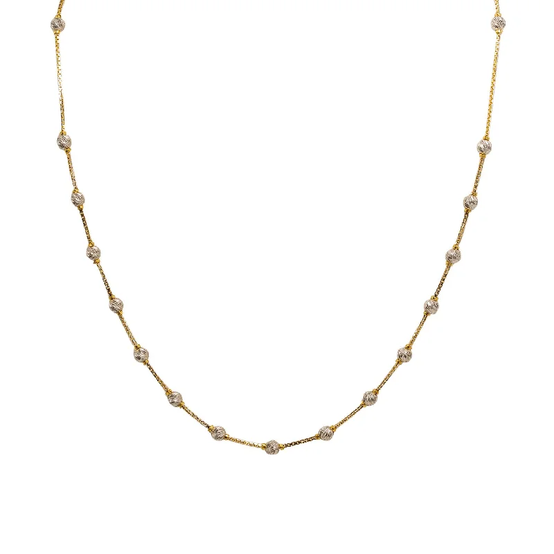 Women’s lotus necklace-22K Multi Tone Gold Ball Chain W/ Etched White Gold Beads & Box Link Chain