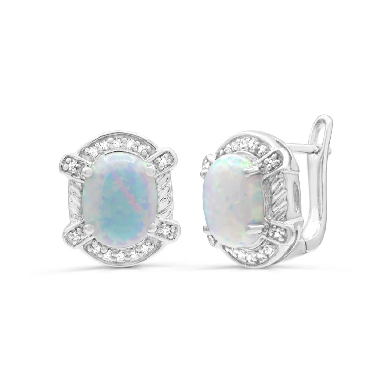 Women’s clip earrings-Created Opal and White Sapphire Halo Earrings in Sterling Silver