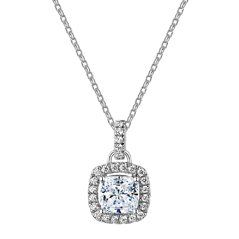 Women’s long necklace-Halo pendant with 1.85 carats* of diamond simulants in 10 carat white gold