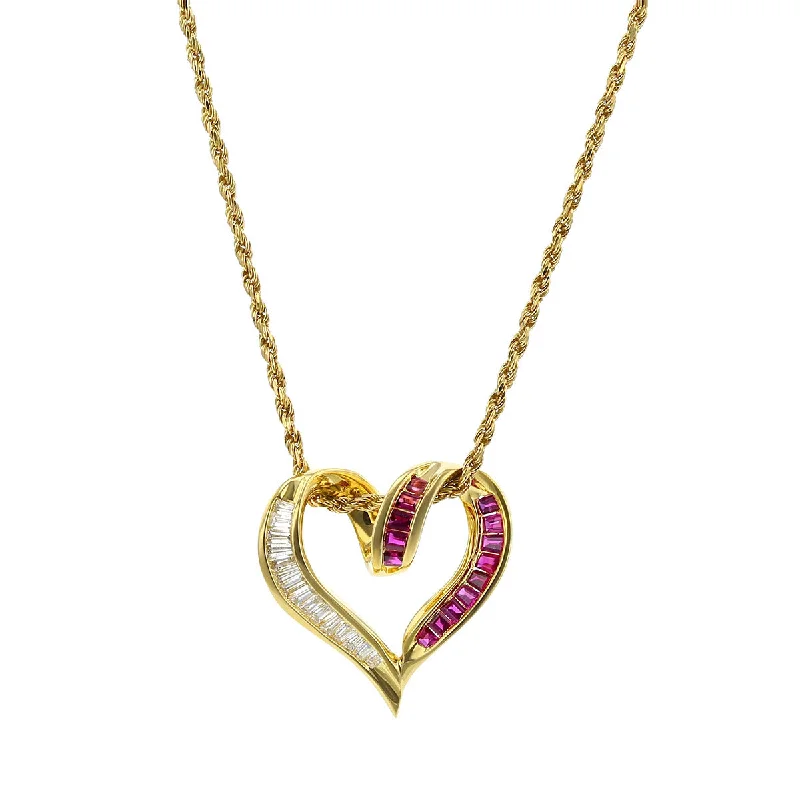 Women’s ruby necklace-18K Gold Ruby and Diamond Open Heart Pendant