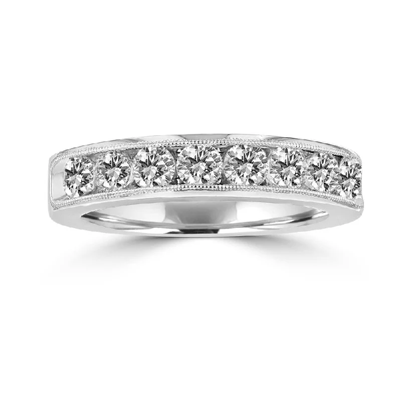 Women’s diamond halo engagement ring-14KT White Gold 1.00 CTW Round Diamond Channel Set Milgrain Band