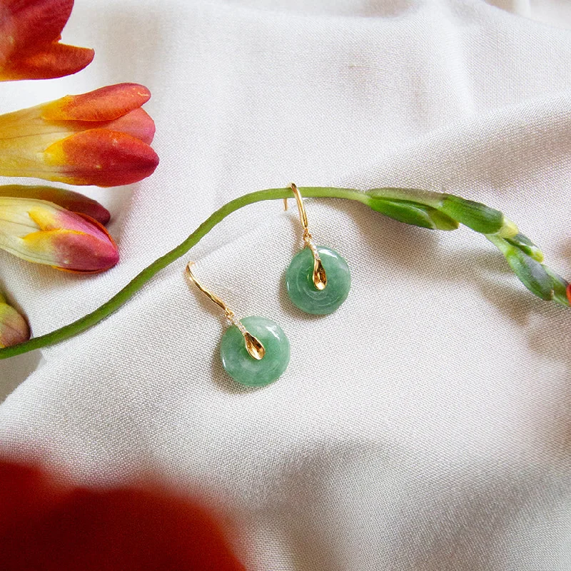 Women’s sparkly earrings-Jade & Diamond 18k Gold Hook Earrings