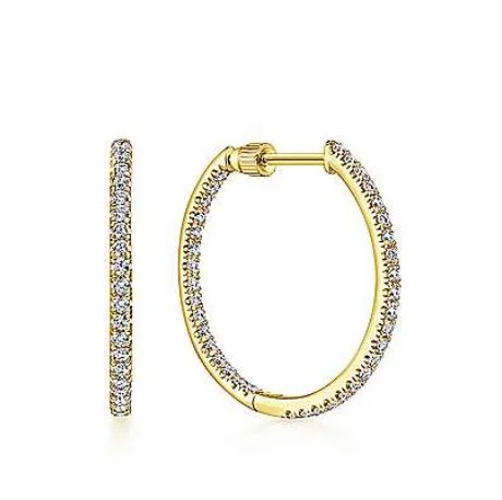 Women’s gold chandelier earrings-14K Yellow Gold French Pavé 20mm Round Inside Out Diamond Hoop Earrings