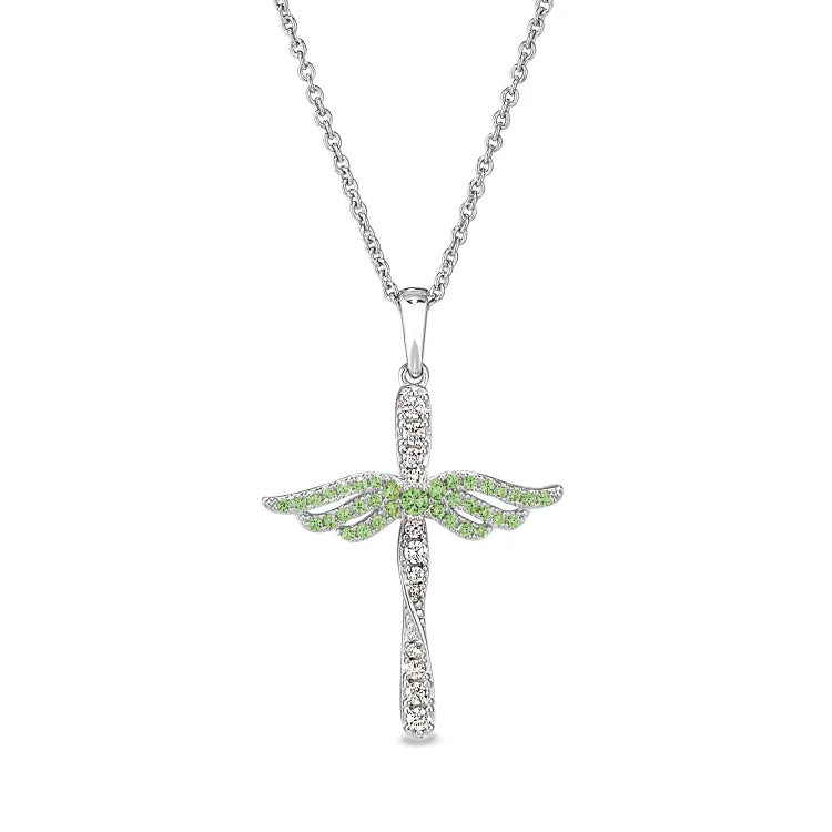 Women’s elegant engagement ring-Platinum Finish Sterling Silver Micropave Angel Wings Cross with Simulated Peridot & Diamonds on 16" - 18" Adjustable Chain