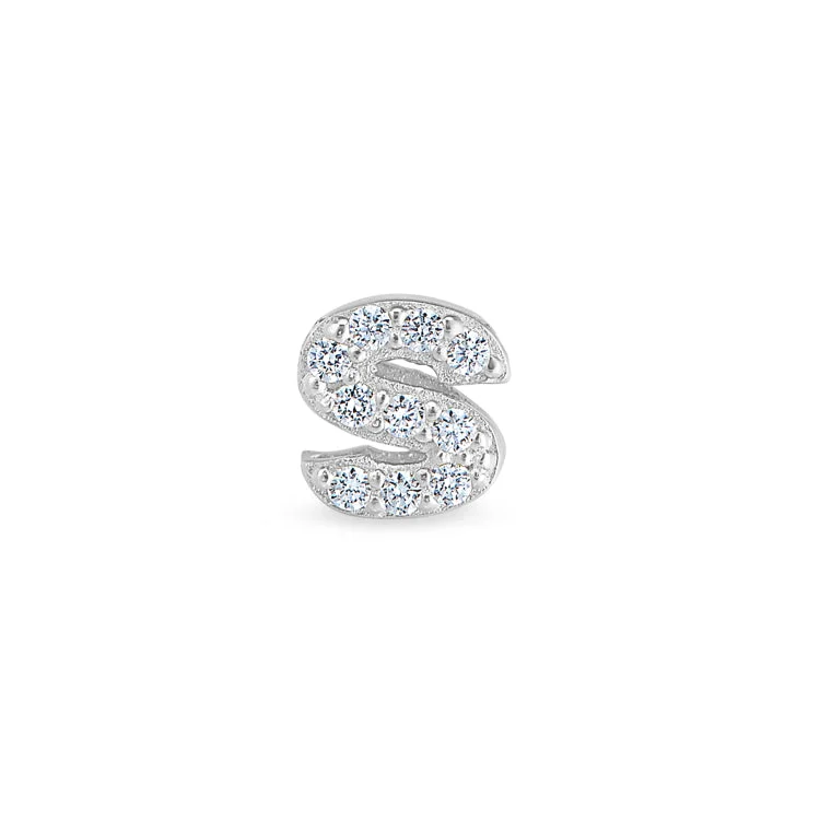 Women’s sapphire diamond engagement ring-Platinum Finish Sterling Silver Micropave S Initial Charm with Simulated Diamonds