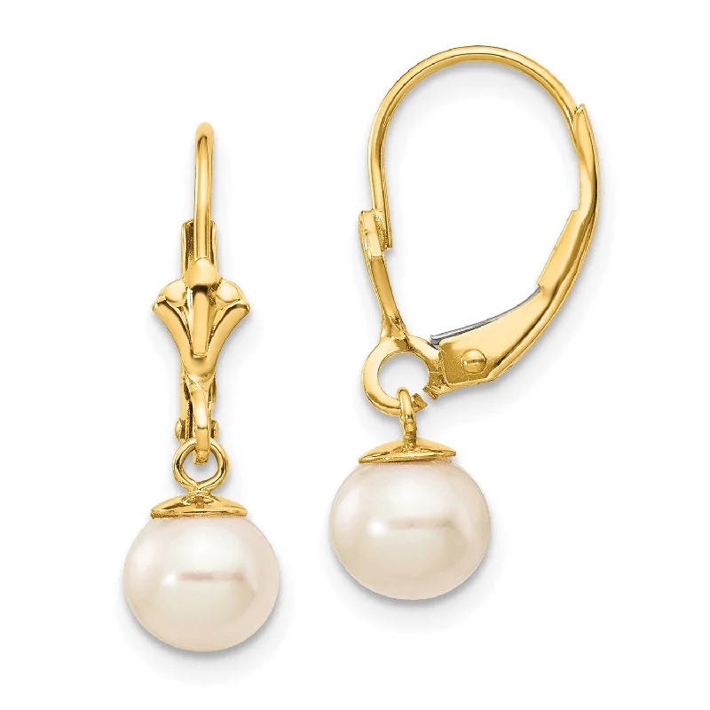 Women’s pearl earrings-6MM Round Pearl Leverback Earrings in 14KT Yellow Gold