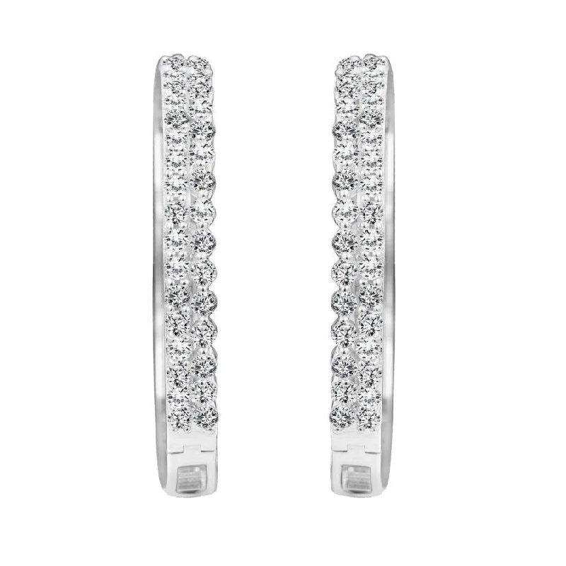 Women’s heart-shaped earrings-LADIES HOOP EARRINGS 2.00CT ROUND DIAMOND 14K WHITE GOLD