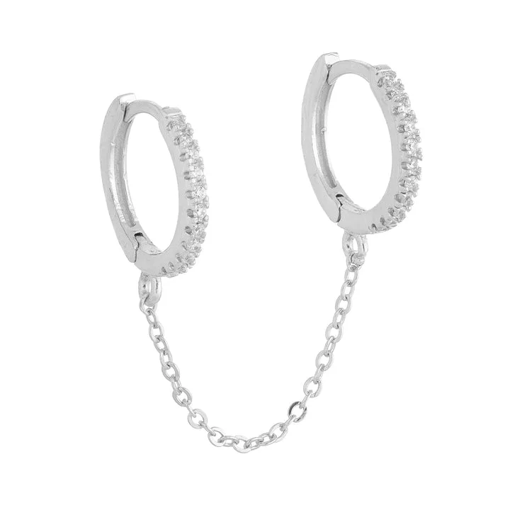 Women’s statement chain necklace-Silver Double Huggie Chain Single Earring