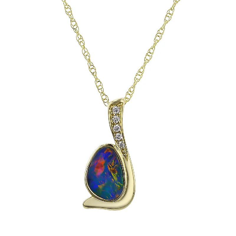 Women’s solitaire pendant necklace-14K Yellow Gold Opal and Diamond Pendant