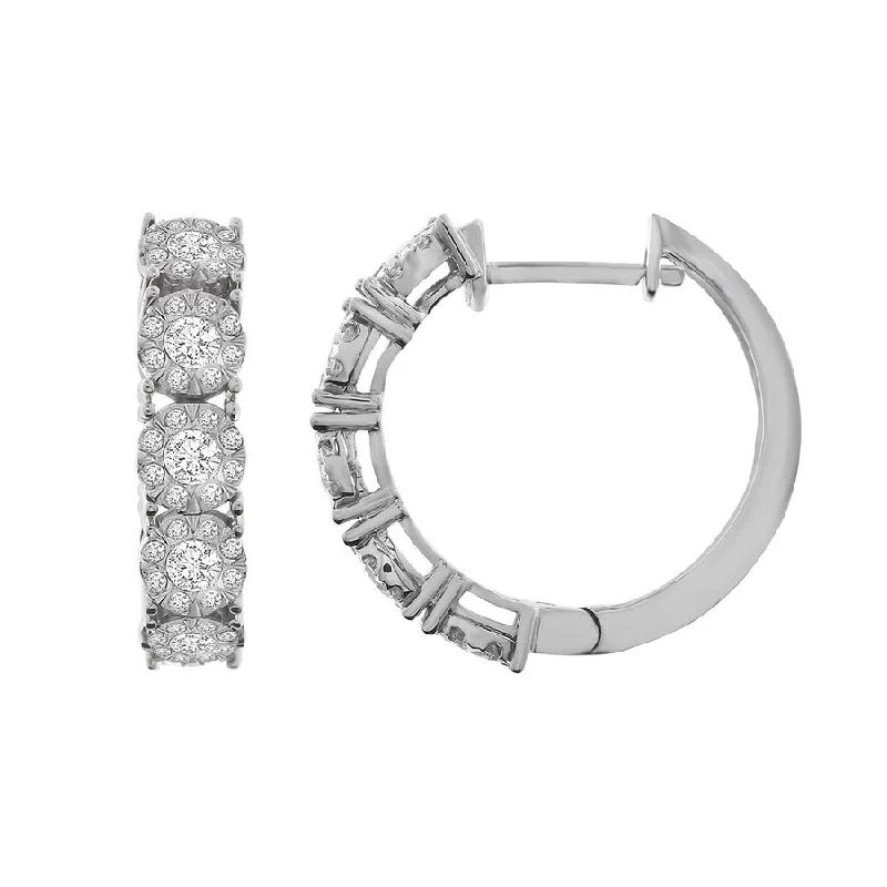 Women’s double hoop earrings-LADIES HOOP EARRINGS 1.00CT ROUND DIAMOND 10K WHITE GOLD