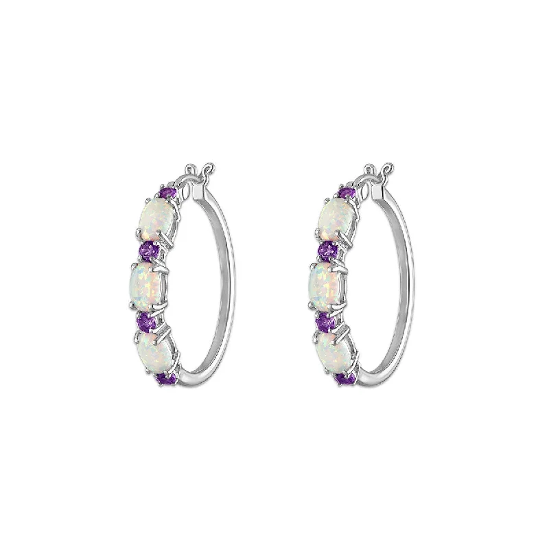 Women’s crystal earrings-6X4MM Oval Opal and Amethyst Hoop Earrings in Rhodium Plated Sterling Silver