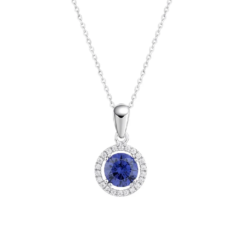 Women’s sparkling necklace-Halo pendant with tanzanite simulant and 1.13 carats* of diamond simulants in 10 carat white gold