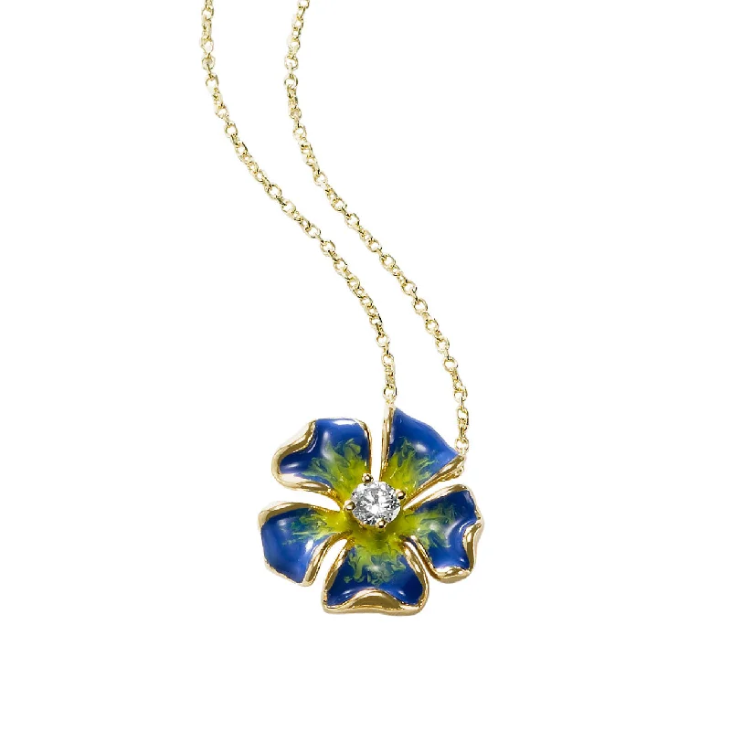 Women’s classic necklace-Magnolia Blue Enamel Diamond Flower Pendant, 14K Yellow Gold