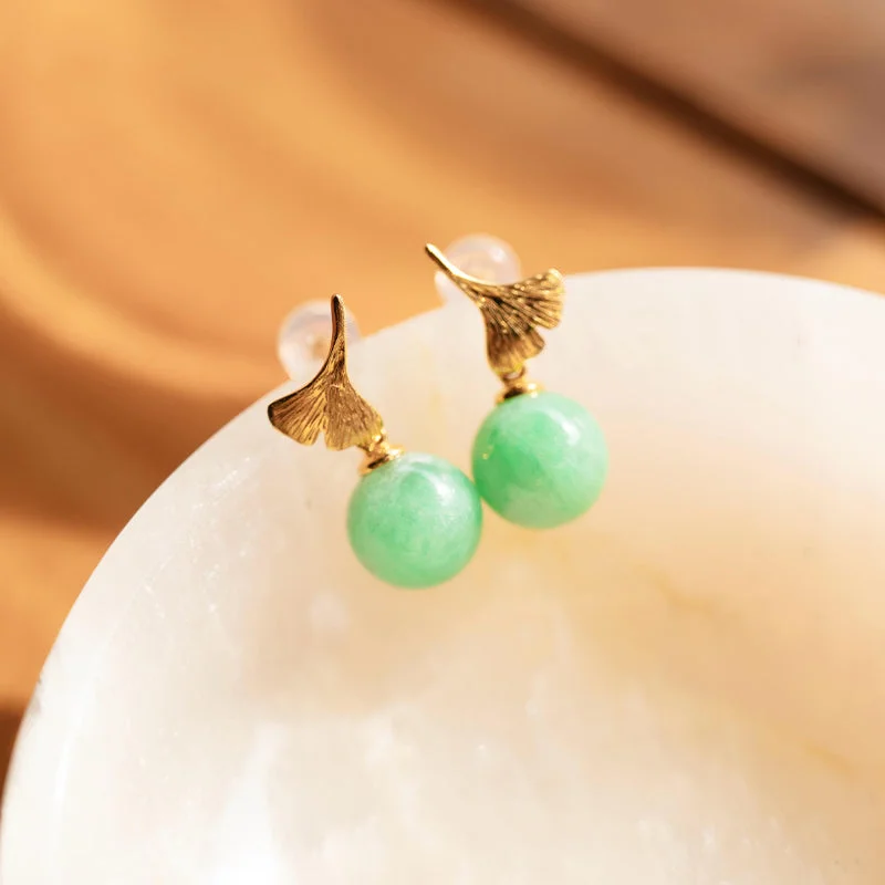 Women’s adjustable earrings-Ginkgo Leaf Jade Studs