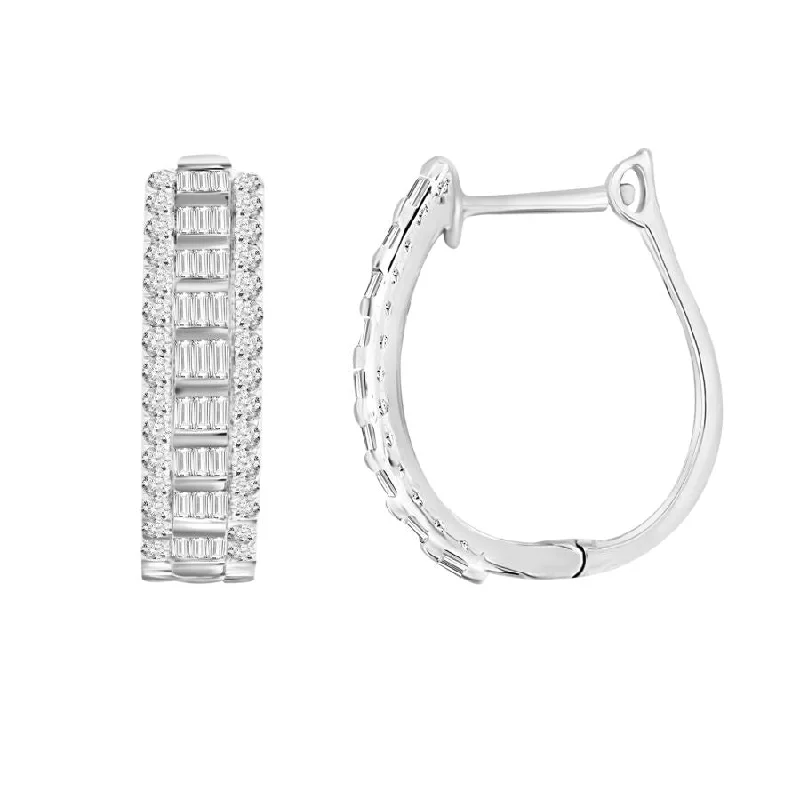 Women’s gold chandelier earrings-LADIES HOOP EARRINGS 1.00CT ROUND/BAGUETTE DIAMOND 10K WHITE GOLD