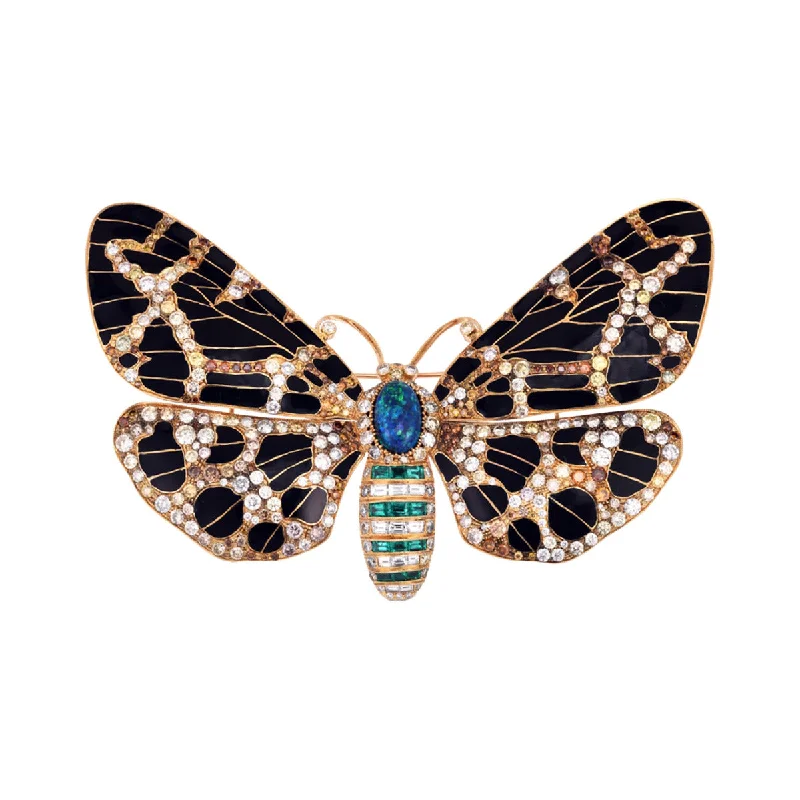 Women’s fashionable necklace-Black Opal, Diamond and Emerald Butterfly Pendant