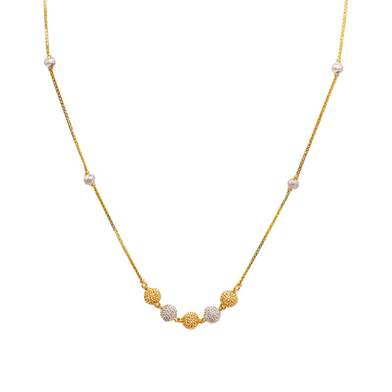 Women’s handmade necklace-22K Multi Tone Gold Ball Chain W/ White Gold Bead Balls, Focal Ball Accents & Box Link Chain