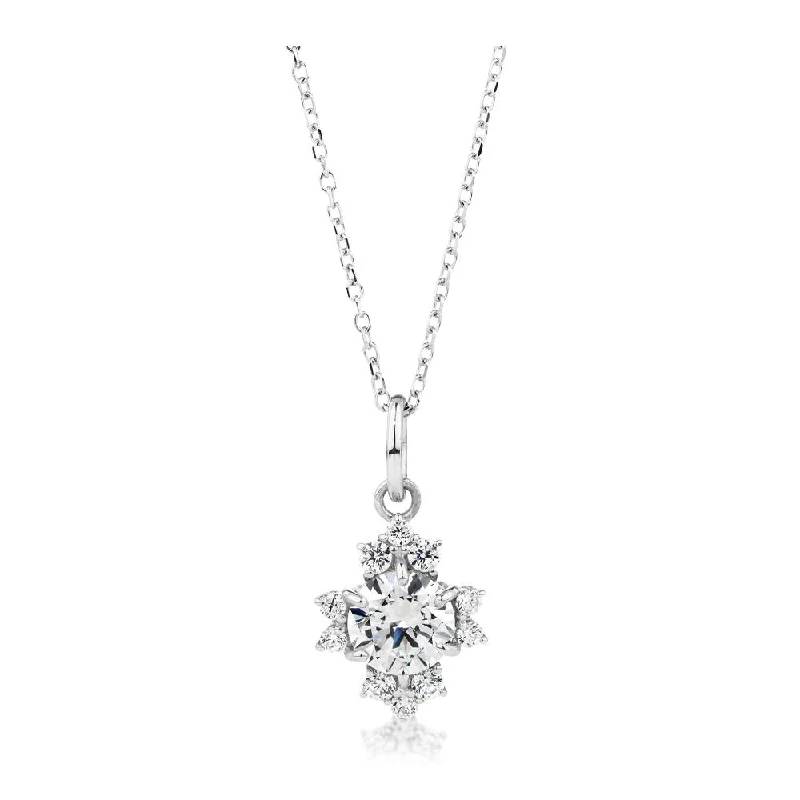 Women’s dainty necklace-Fancy pendant with 0.78 carats* of diamond simulants in 10 carat white gold