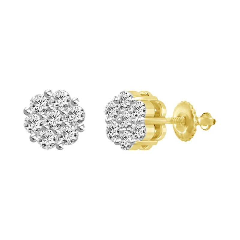 Women’s large hoop earrings-LADIES FLOWER EARRINGS 1.00CT ROUND DIAMOND 14K YELLOW GOLD