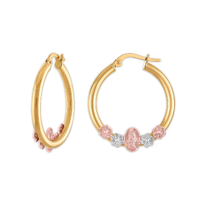 Women’s teardrop diamond earrings-10KT Tri-Color Gold Guadalupe Hoop Earrings