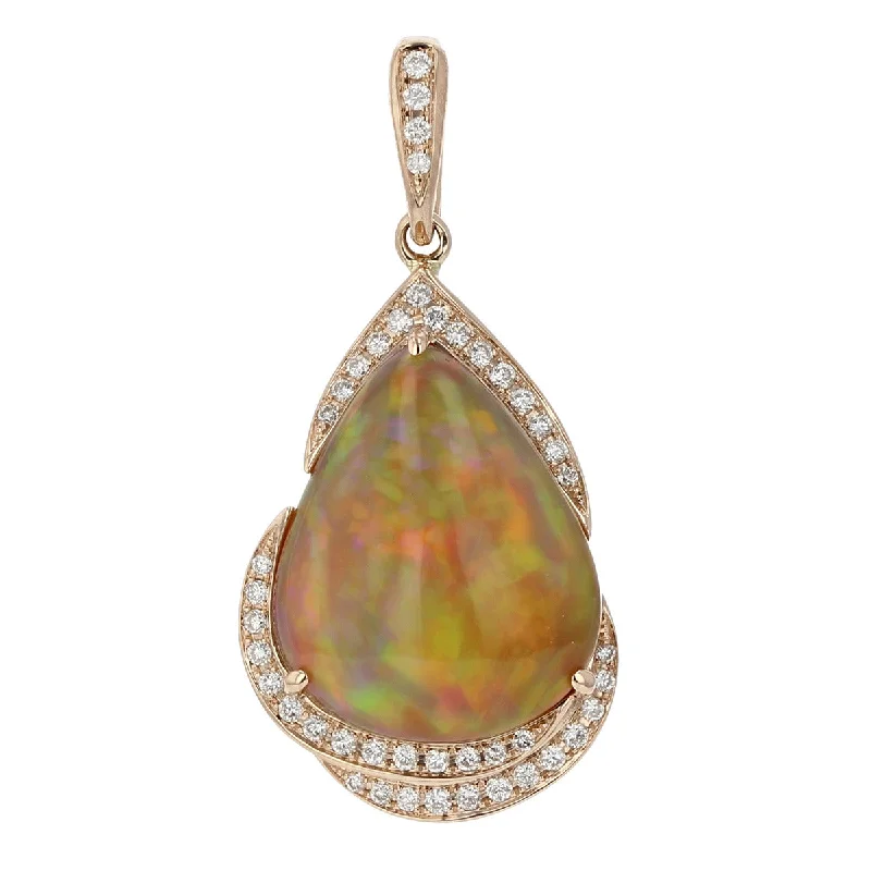 Women’s designer necklace-14K Rose Gold Pear Shape Opal Diamond Pendant