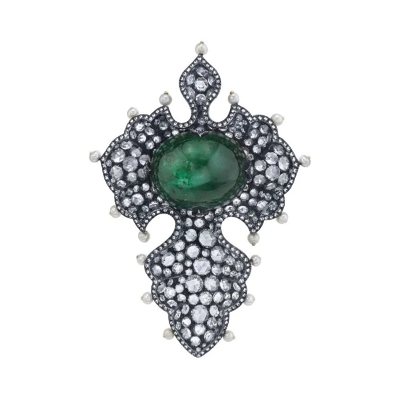 Women’s crystal necklace-Emerald, Pearl and Diamond Maltese Cross Pendant