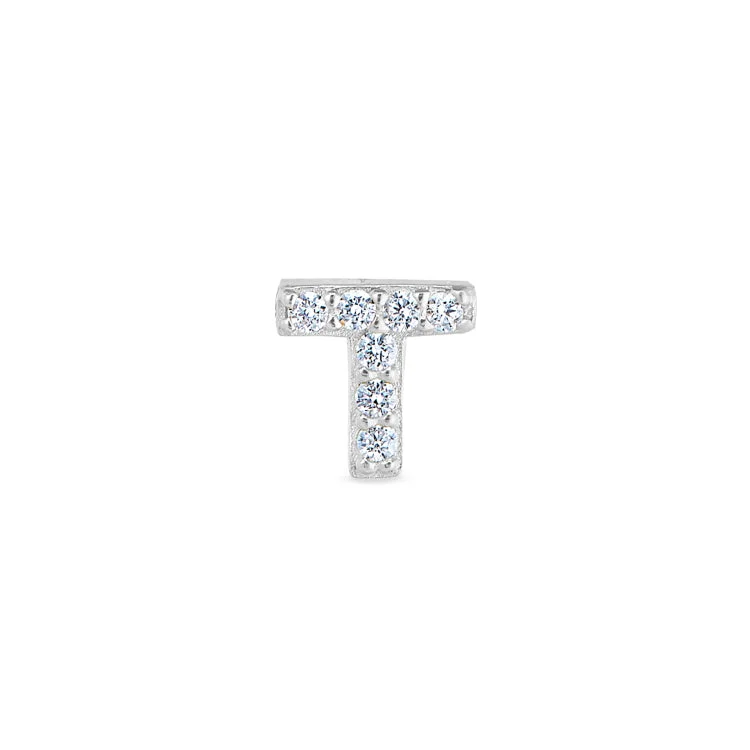 Women’s princess cut engagement ring-Platinum Finish Sterling Silver Micropave T Initial Charm with Simulated Diamonds