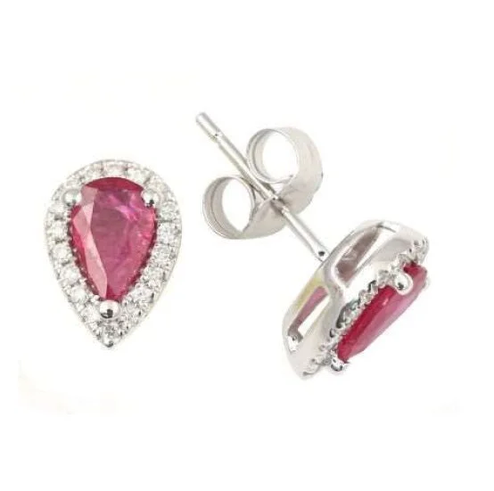 Women’s twisted hoop earrings-5X3MM Pear Ruby and Diamond Halo Stud Earrings in 14KT White Gold