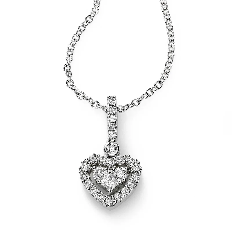 Women’s modern necklace-Diamond Double Heart Pendant, Half Carat, 18K White Gold