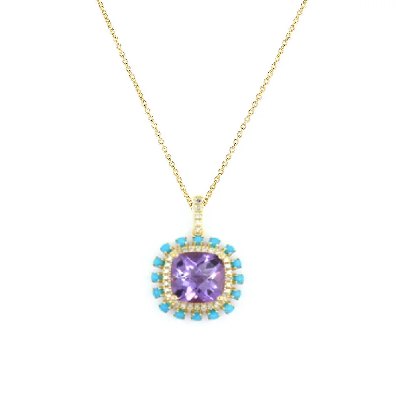 Women’s statement necklace-Amethyst, Diamond and Turquoise Pendant, 14K Yellow Gold