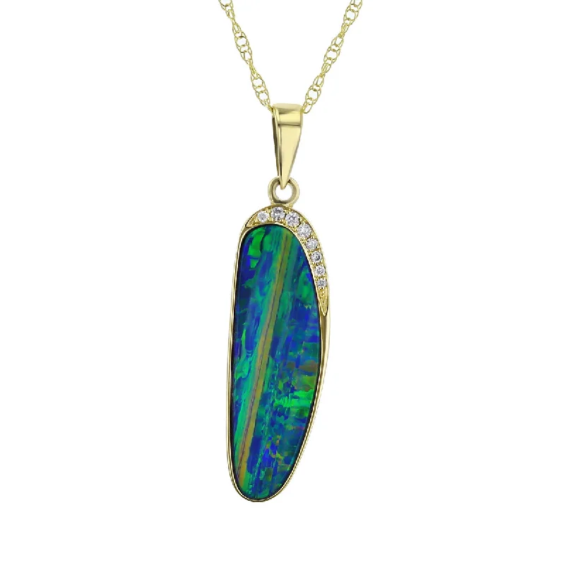 Women’s bridal necklace-14K Yellow Gold Opal Pendant with Diamonds