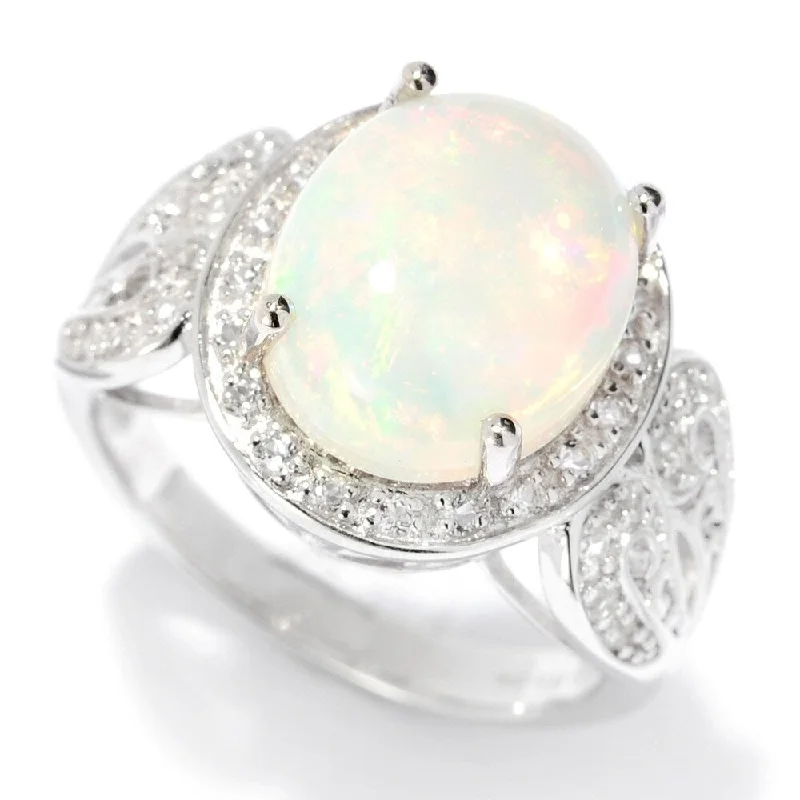 Women’s luxury ring-Sterling Silver 12 x 10mm Oval Ethiopian Opal & White Topaz Ring