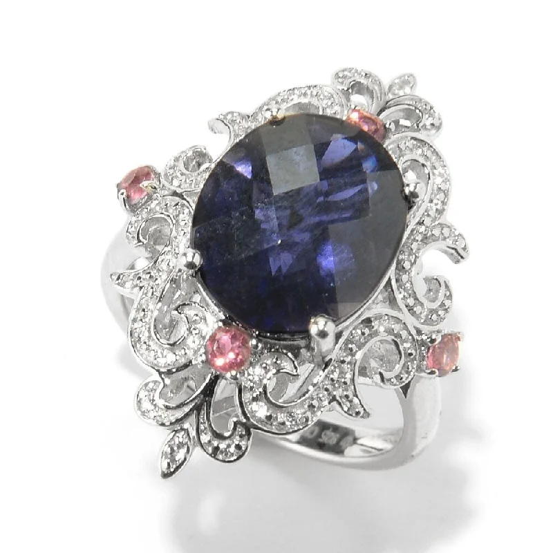 Women’s double ring-Sterling Silver 4Ctw Iolite, Pink Tourmaline & White Zircon Cocktail Ring