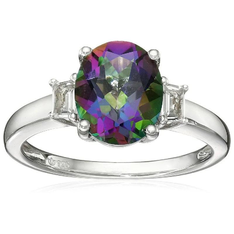 Women’s opal ring-925 Sterling Silver Mystic Topaz and White Topaz 3-Stone Ring