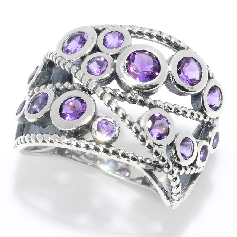 Women’s wedding ring with diamonds-Sterling Silver Round Amethyst Beaded Wide Band Ring