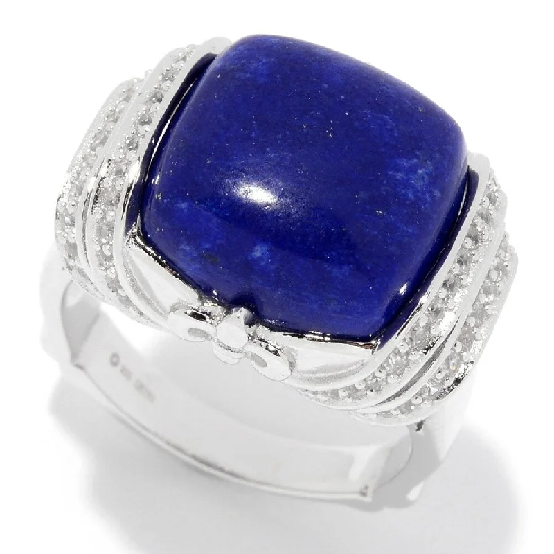 Women’s sparkling ring-Sterling Silver 14mm Cushion Shaped Lapis & White Zircon Ring