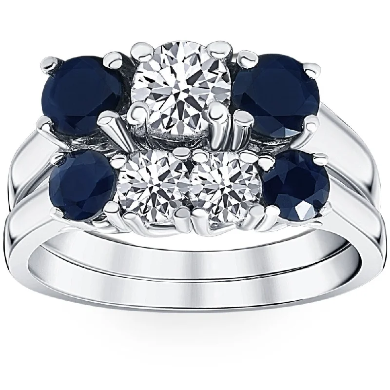 Women’s platinum wedding band-2 3/4ct Treated Blue Sapphire & Diamond Three Stone Ring Set White Gold