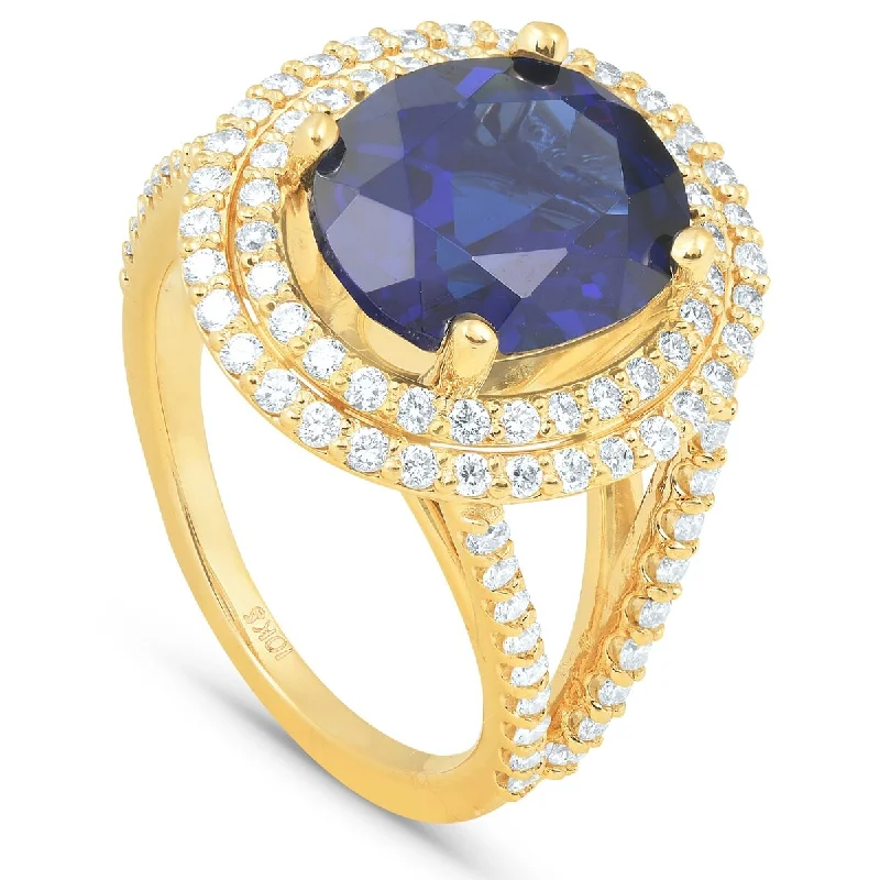 Women’s adjustable ring-6 1/5 Ct Huge Diamond Oval Blue Sapphire Diamond Double Halo Ring Yellow Gold