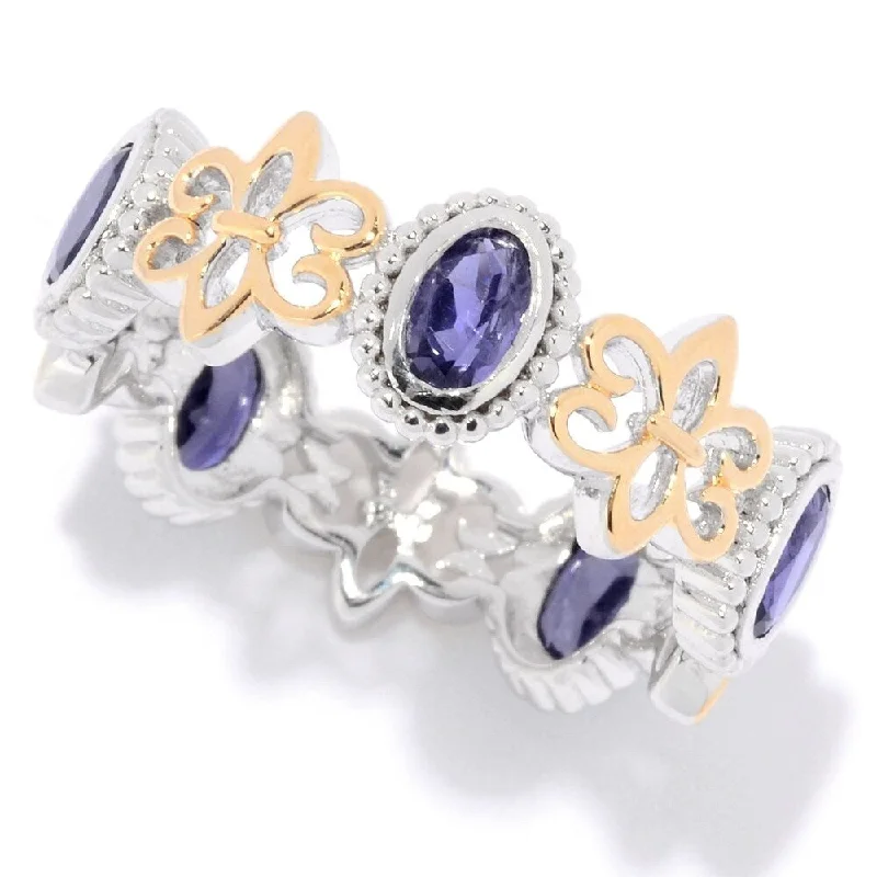 Women’s trendy ring-Sterling Silver Oval Iolite Fleur-de-lis Eternity Band Ring