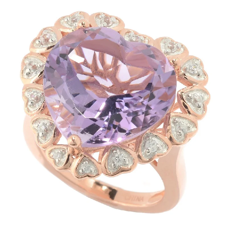 Women’s gemstone ring-18k Rose Gold over Sterling Silver Amethyst and White Zircon Heart Shaped Halo Ring