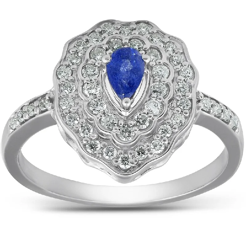 Women’s gold ring-Pompeii3 10k White Gold 3/4 Ct TDW Genuine Blue Sapphire Pear Shape Halo Vintage Ring