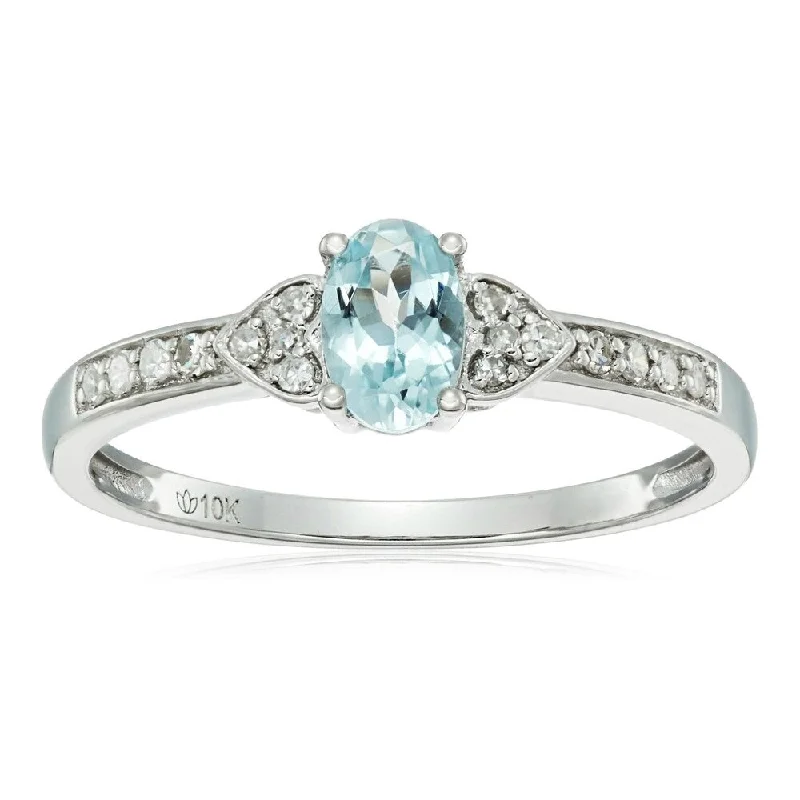 Women’s handmade ring-10k White Gold Aquamarine Oval and Diamond Solitaire Ring