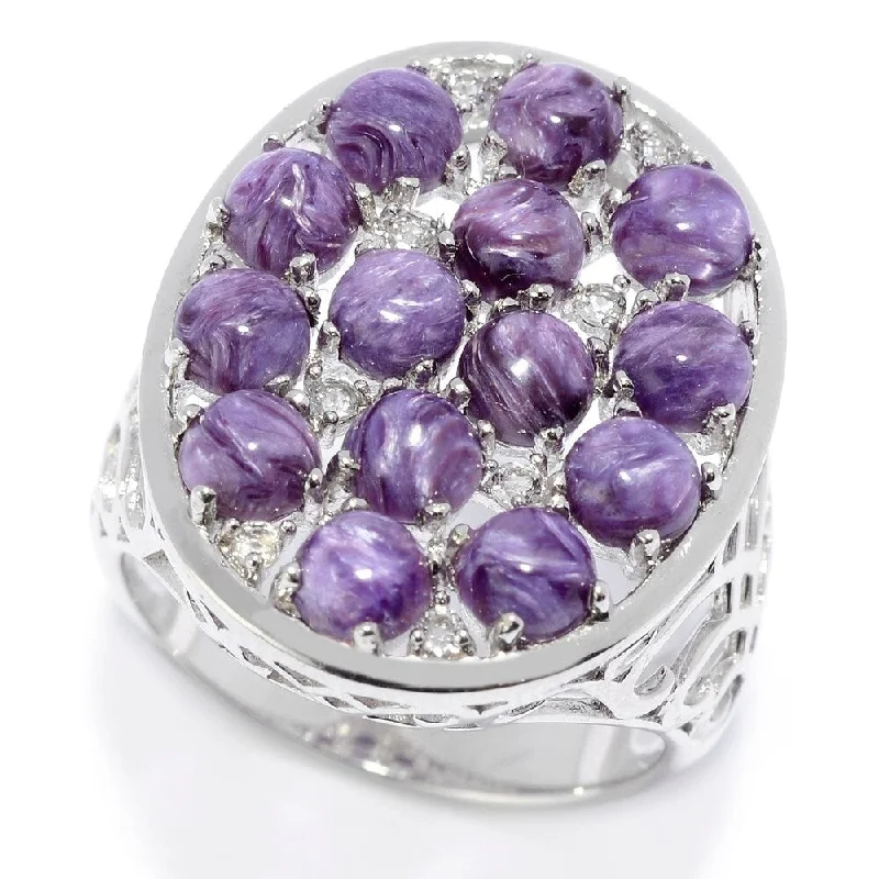 Women’s stacking rings-Sterling Silver Charoite & White Topaz Oval Shaped Ring