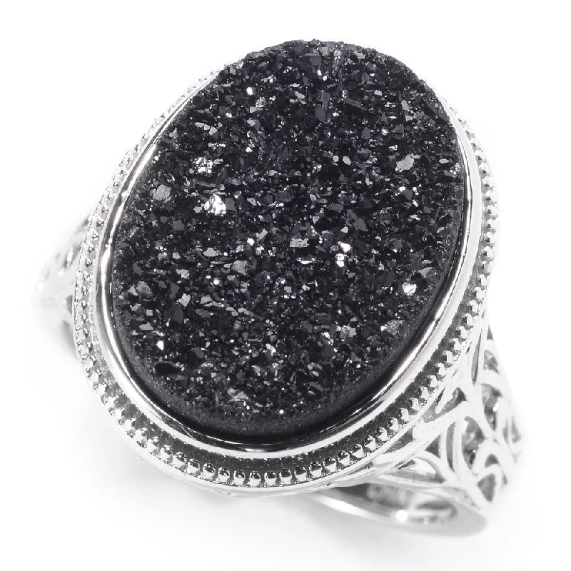 Women’s infinity ring-Sterling Silver 16 x 12mm Oval Black Drusy Filigree Ring