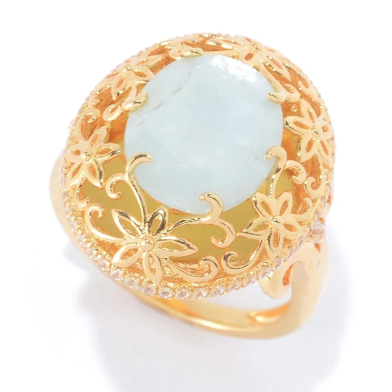 Women’s dainty ring-18K Yello Vermeil Oval Milky Aquamarine & White Zircon Flower Ring