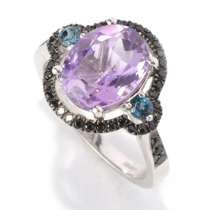 Women’s platinum ring-925 Sterling Silver Black Spinel,African Amethyst,Swiss Blue Topaz Ring