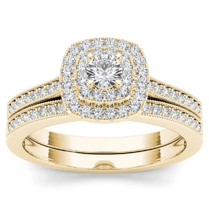 Women’s large stone ring-De Couer IGI Certified 14k Yellow Gold 1/2ct TDW Diamond Double Halo Bridal Ring Set